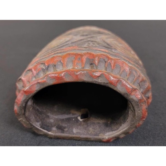 ANTIQUE Japanese Wall Vase Jomon Clay Sculpted 10" Pointed Pot Jōmon doki seal - Picture 6 of 10